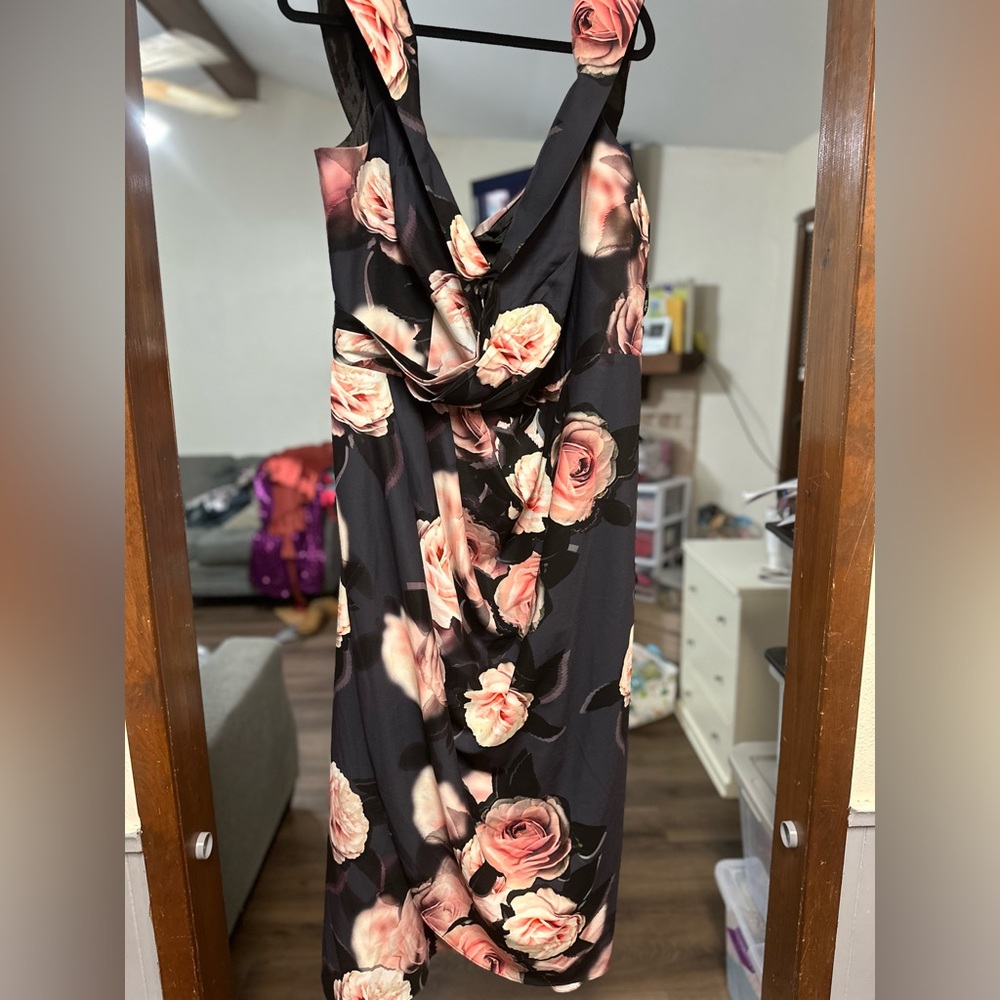 City Chic Black and Pink Sheath Dress Plunge Neckline Sleeveless